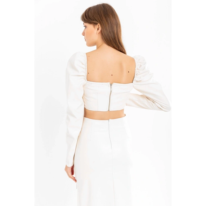 Deri Kumaş Straplez Kalp Yaka Fermuar Detaylı Kadın Crop-Ekru