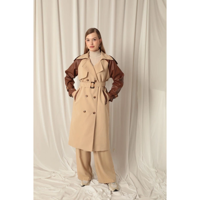 Dokuma Kumaş Deri Garnili Kadın Bej Trenckot