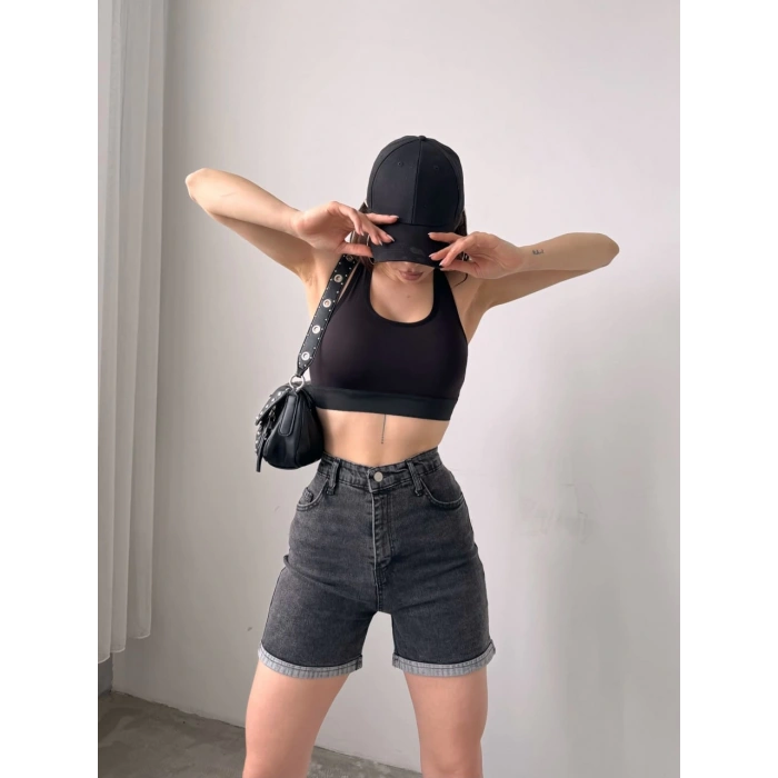 Duble Paça Yıkamalı Denim Şort