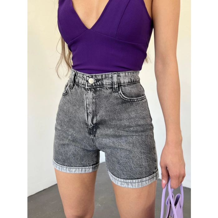 Duble Paça Yıkamalı Denim Şort