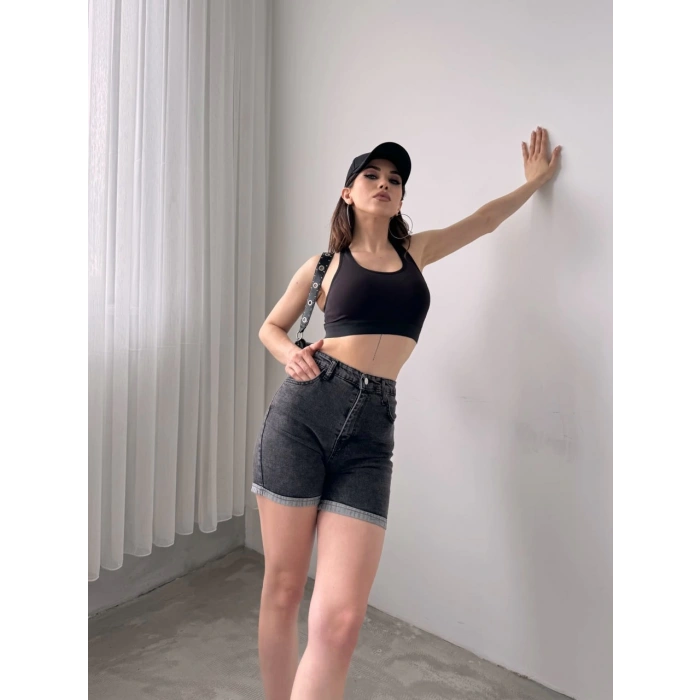 Duble Paça Yıkamalı Denim Şort