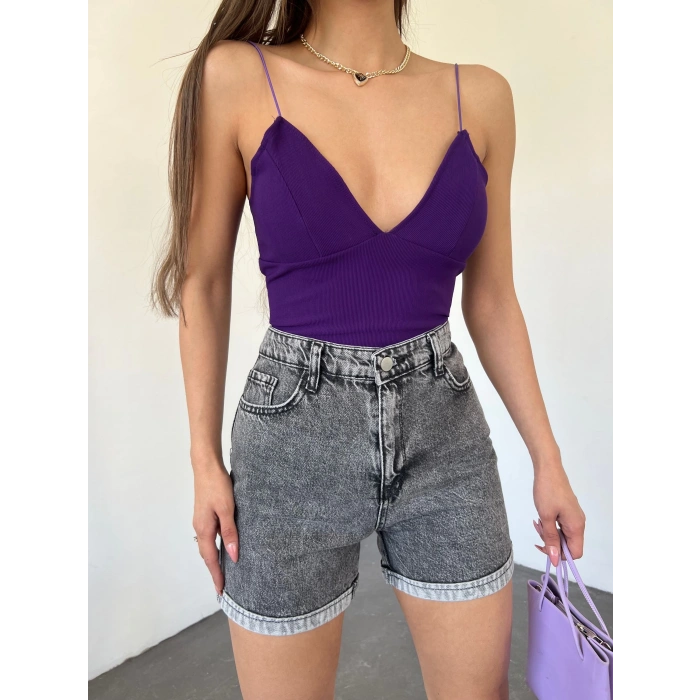 Duble Paça Yıkamalı Denim Şort