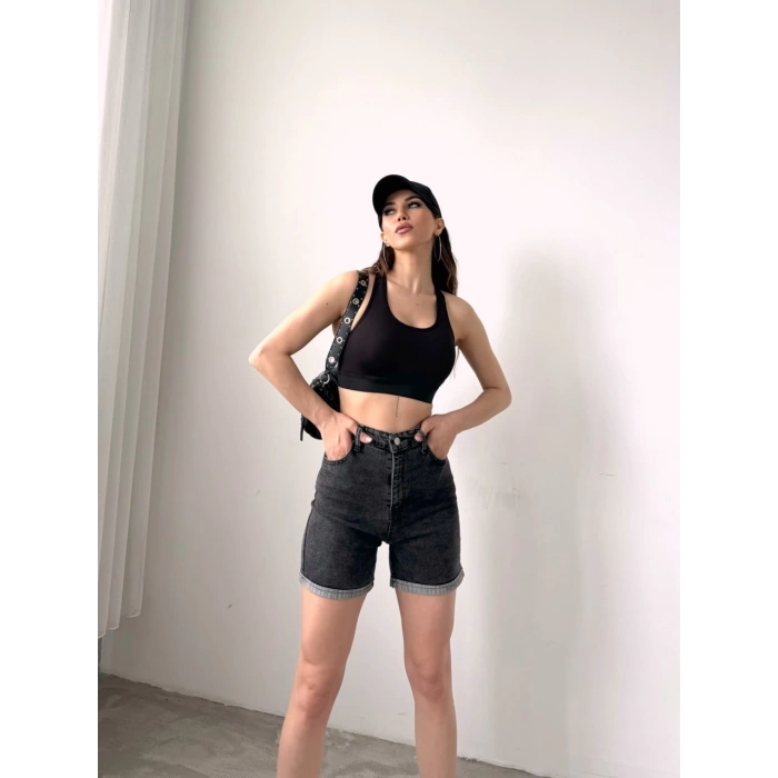 Duble Paça Yıkamalı Denim Şort