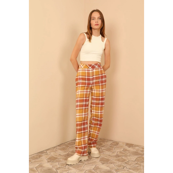 Ekose Kumaş Rahat Kalıp Kadın Pantolon-Taba
