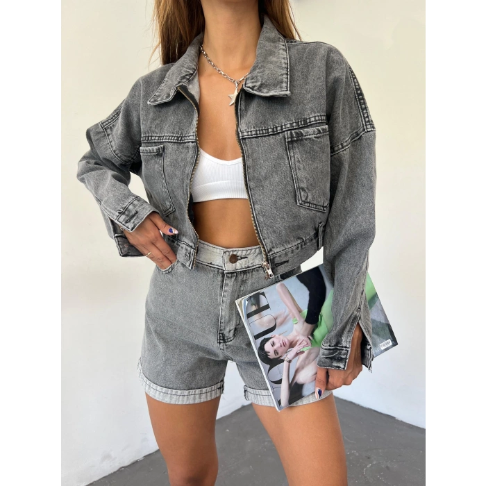 Fermuarlı Çift Cepli Denim Ceket