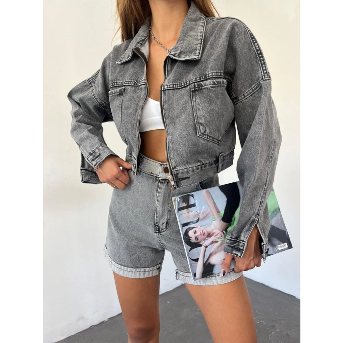 Fermuarlı Çift Cepli Denim Ceket