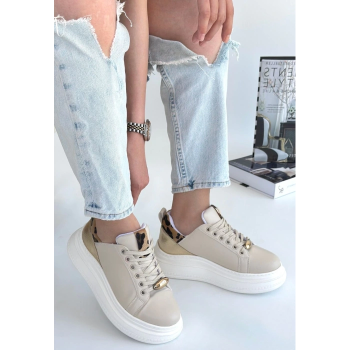 Gasta Bej Cilt Sarı Detaylı Bağcıklı Spor Ayakkabı