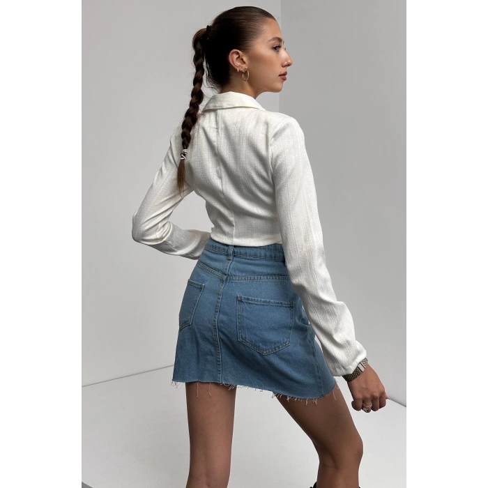 Gömlek Yaka Beli Bağlamalı Crop Bluz