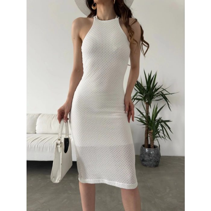 Halter Yaka Sırtı Çapraz Bant Detaylı Triko Elbise