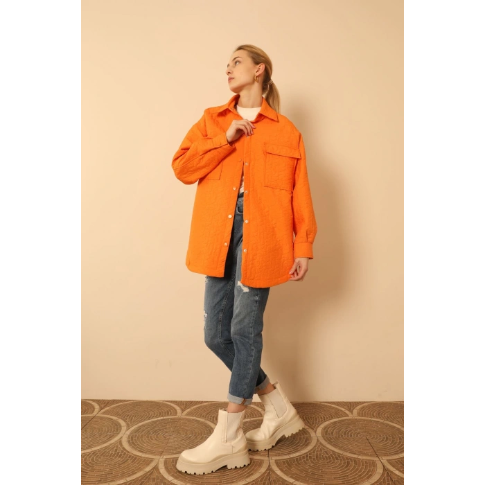 Jakar Kumaş Geometrik Desen Oversize Kadın Gömlek-Oranj