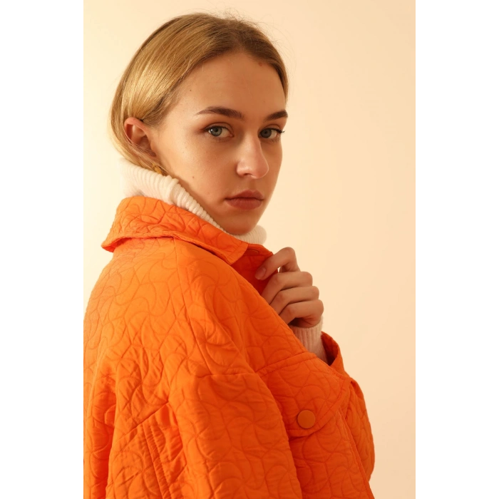 Jakar Kumaş Geometrik Desen Oversize Kadın Gömlek-Oranj