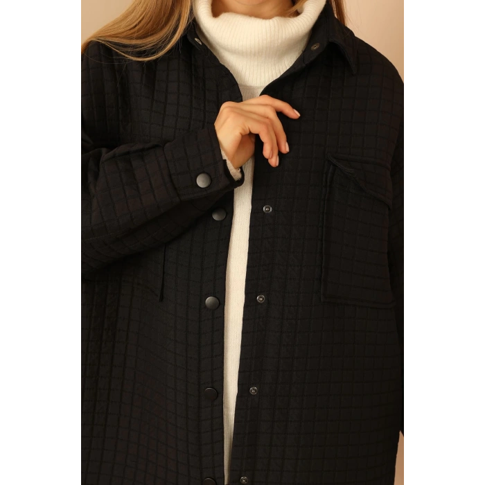 Jakar Kumaş Küçük Kare Desen Oversize Kadın Gömlek-Siyah