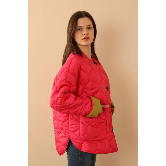 Jesica Kumaş  Soğan Desen Kapitone Kadın Mont-FUŞYA