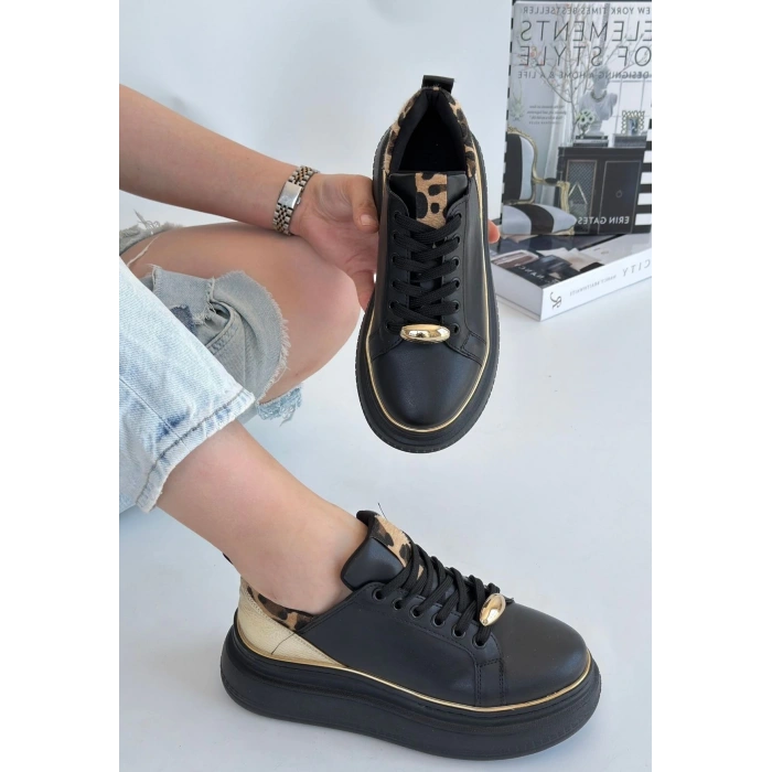 Jista Siyah Cilt Sarı Detaylı Bağcıklı Spor Ayakkabı