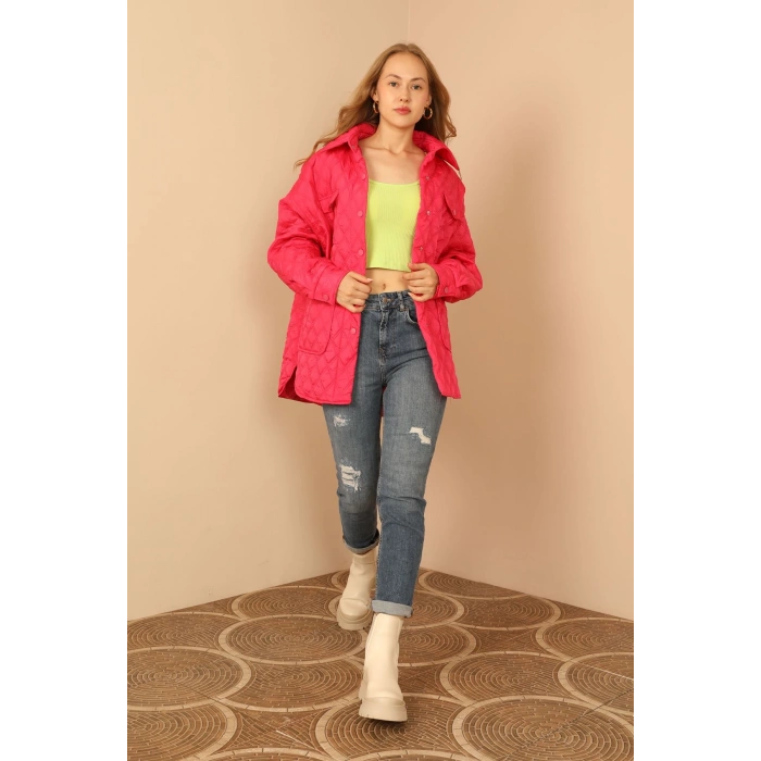 Kapitone Kumaş Çift Dikiş Desen Kadın Mont-Fuşya