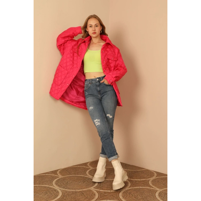 Kapitone Kumaş Çift Dikiş Desen Kadın Mont-Fuşya