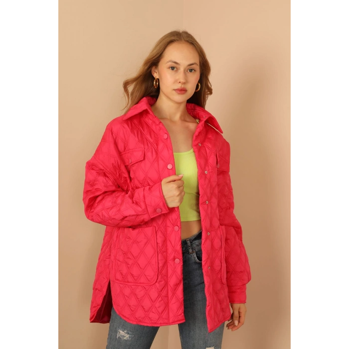 Kapitone Kumaş Çift Dikiş Desen Kadın Mont-Fuşya