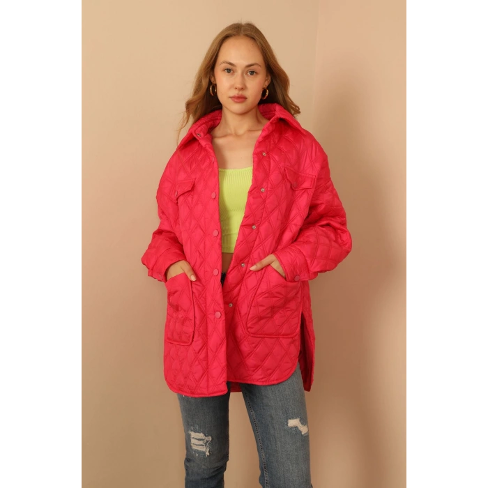 Kapitone Kumaş Çift Dikiş Desen Kadın Mont-Fuşya