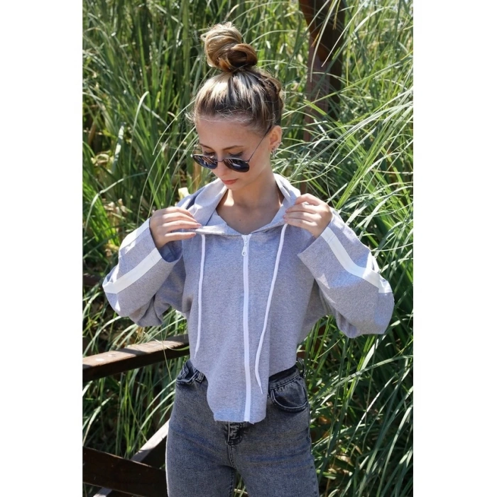 Kapşonlu Yan Dekolteli Sweat Gri - P-019669