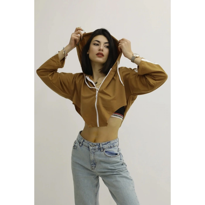 Kapşonlu Yan Dekolteli Sweat Taba - P-019669