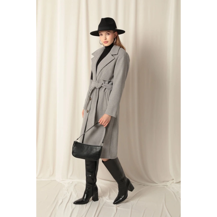 Kaşe Kumaş Allerli Kadın Gri Kaban