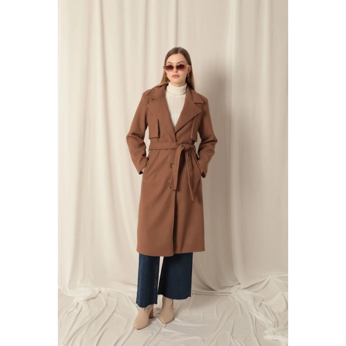 Kaşe Kumaş Allerli Kadın Taba Kaban