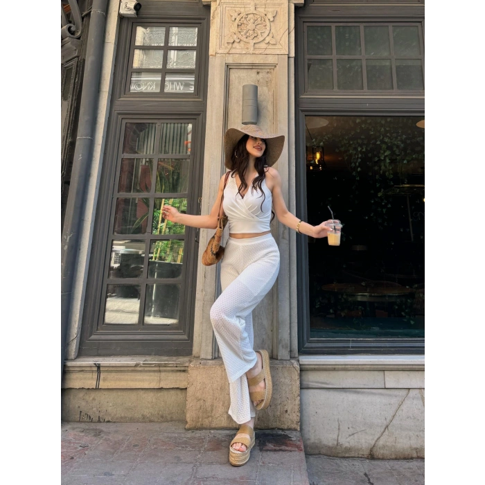 Kruvaze Yaka Crop Bluz Ve Detaylı Pantolon Triko  İkili Takım