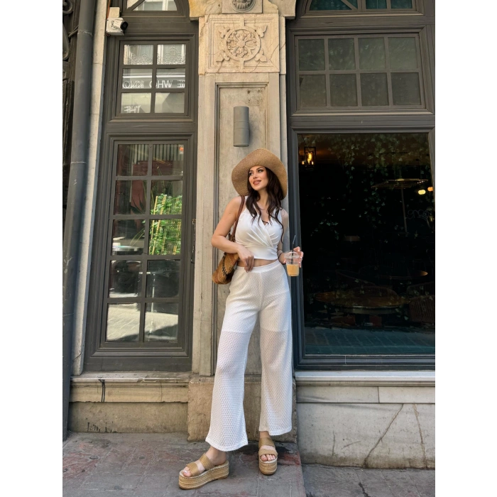 Kruvaze Yaka Crop Bluz Ve Detaylı Pantolon Triko  İkili Takım