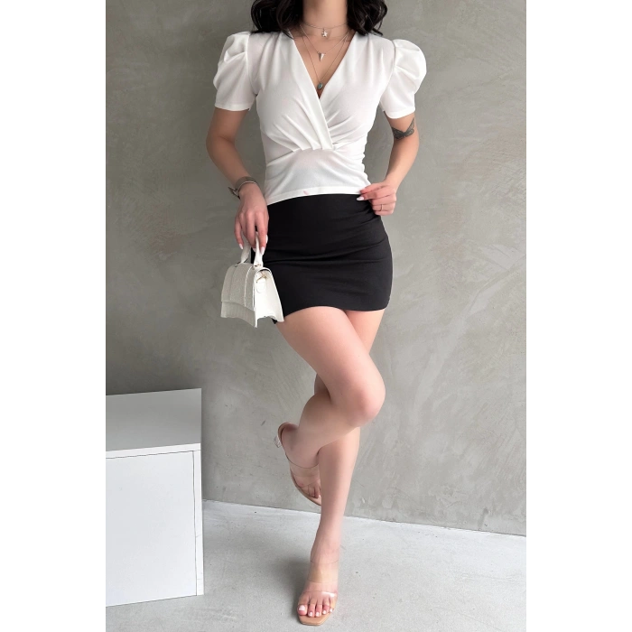 Kruvaze Yaka Karpuz Kol Crep Bluz