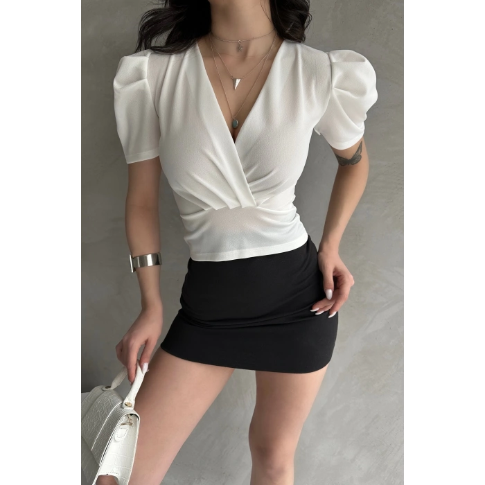 Kruvaze Yaka Karpuz Kol Crep Bluz