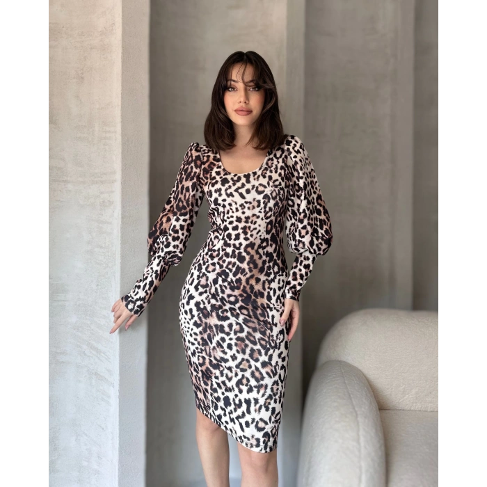Leopar Desenli Midi Boy Elbise