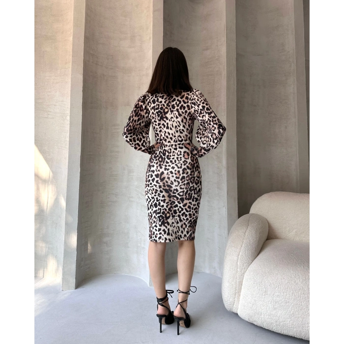 Leopar Desenli Midi Boy Elbise