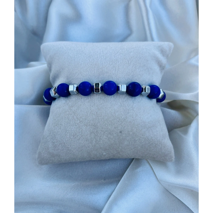 MAVİ CEYD-GÜMÜŞ FASETLİ HEMATİT DOĞAL TAŞ BİLEKLİK