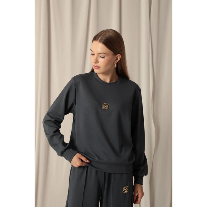 Modal Kumaş Metal Aksesuarlı Kadın Antrasit Takım