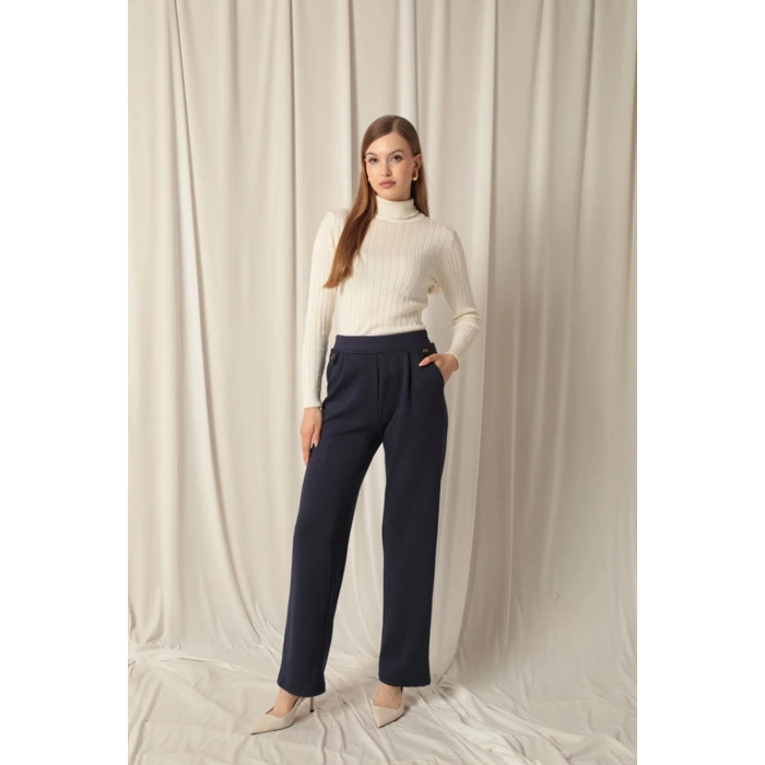 Modal Kumaş Yanları Düğmeli Kadın Lacivert Pantolon