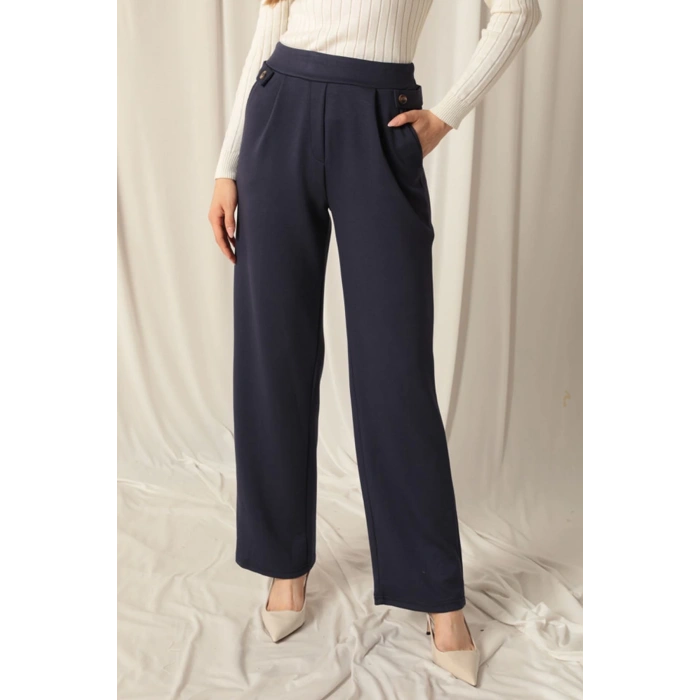 Modal Kumaş Yanları Düğmeli Kadın Lacivert Pantolon