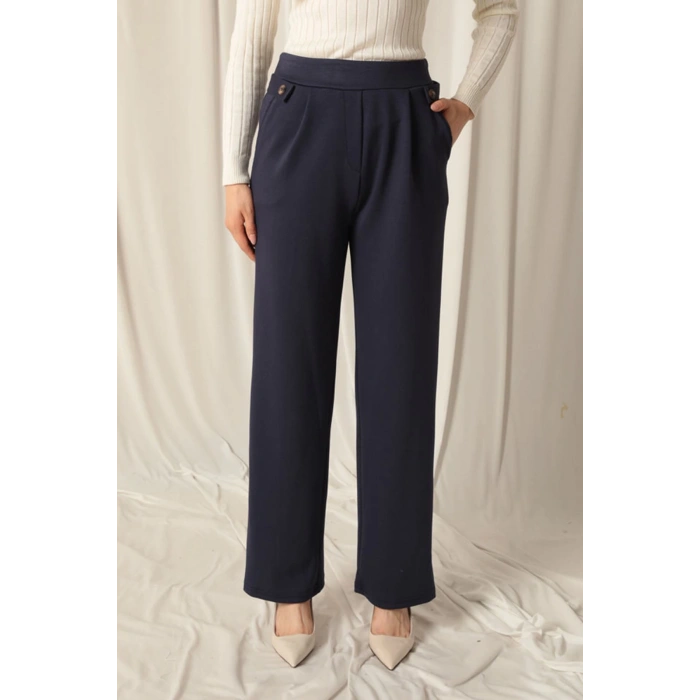 Modal Kumaş Yanları Düğmeli Kadın Lacivert Pantolon