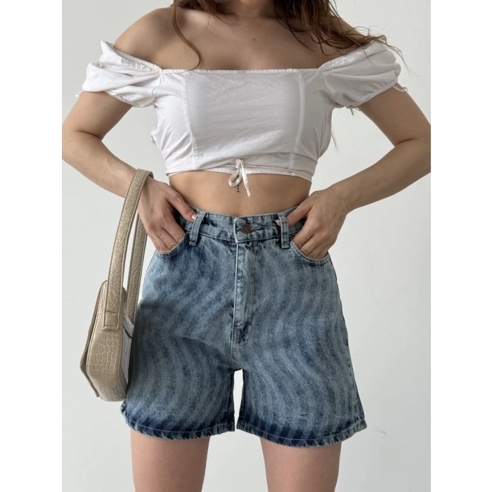 Paçası Püsküllü Desenli Denim Şort