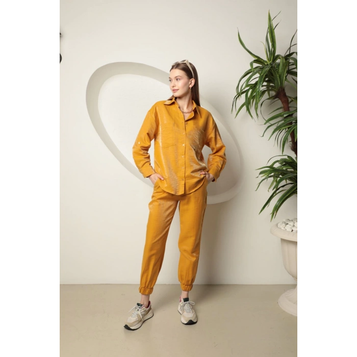 Parlak Kumaş Kadın Takım-Hardal