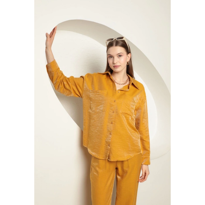 Parlak Kumaş Kadın Takım-Hardal