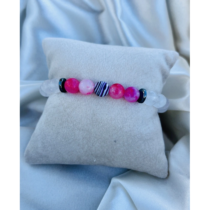PEMBE,BEYAZ CEYD-HEMATİT-MOR MALAKİD DOĞAL TAŞ BİLEKLİK
