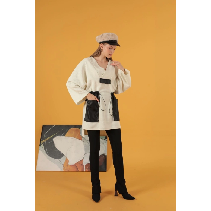 Petek Kumaş Garnili Oversize Kadın Sweat-Ekru