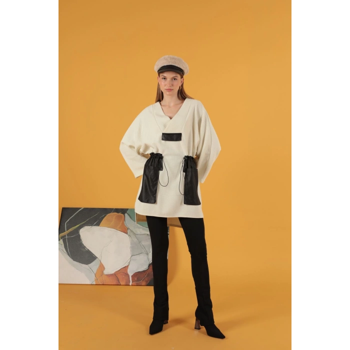 Petek Kumaş Garnili Oversize Kadın Sweat-Ekru