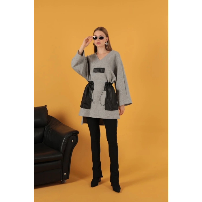 Petek Kumaş Garnili Oversize Kadın Sweat-Gri