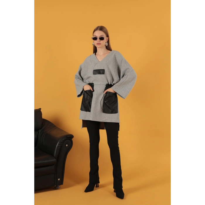 Petek Kumaş Garnili Oversize Kadın Sweat-Gri