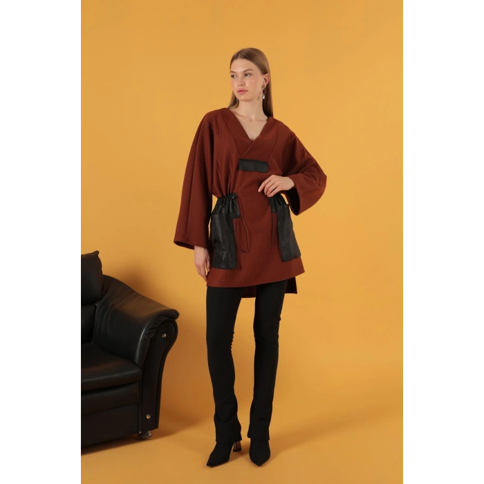 Petek Kumaş Garnili Oversize Kadın Sweat-Kahve