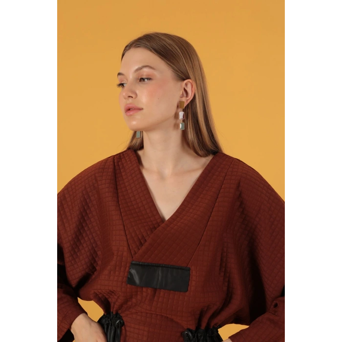 Petek Kumaş Garnili Oversize Kadın Sweat-Kahve