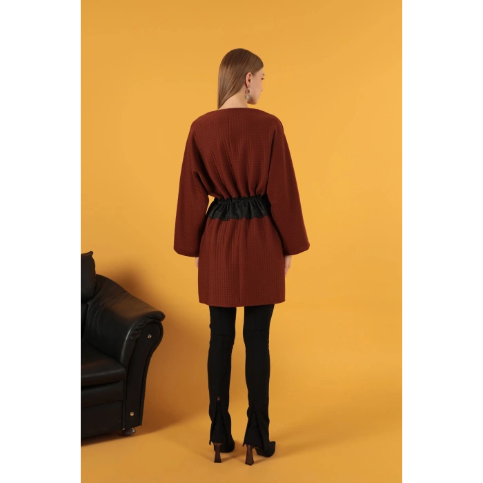 Petek Kumaş Garnili Oversize Kadın Sweat-Kahve