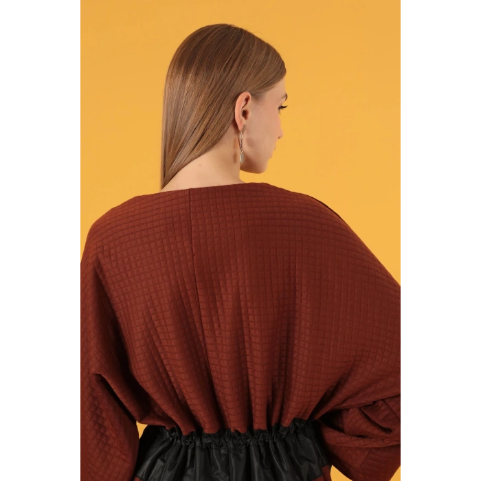 Petek Kumaş Garnili Oversize Kadın Sweat-Kahve