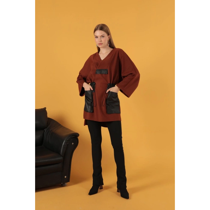 Petek Kumaş Garnili Oversize Kadın Sweat-Kahve